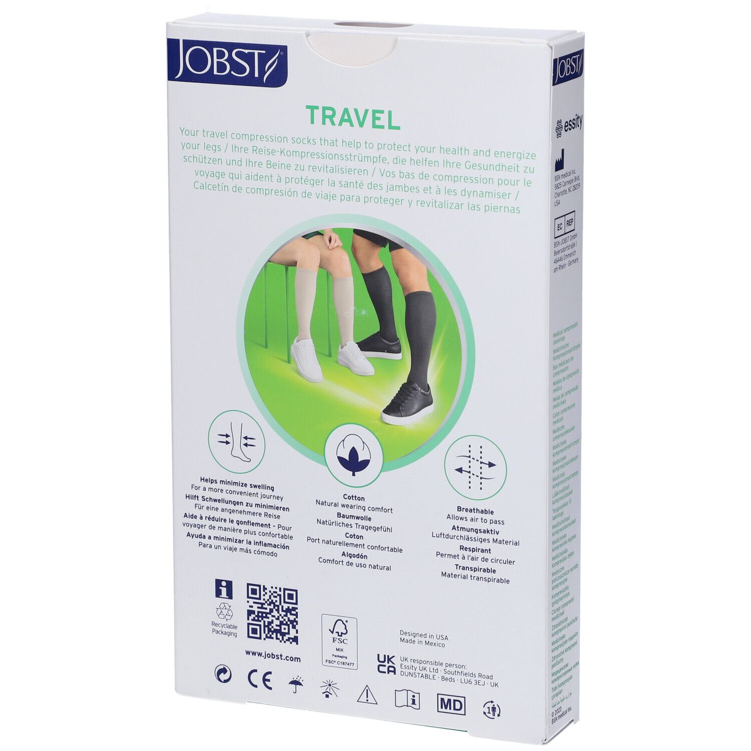Jobst Travel Kompressionsstrümpfe, Verpackung. Aufdruck: Travel, Medical compression stockings. Abbildung: Beine mit Strümpfen.