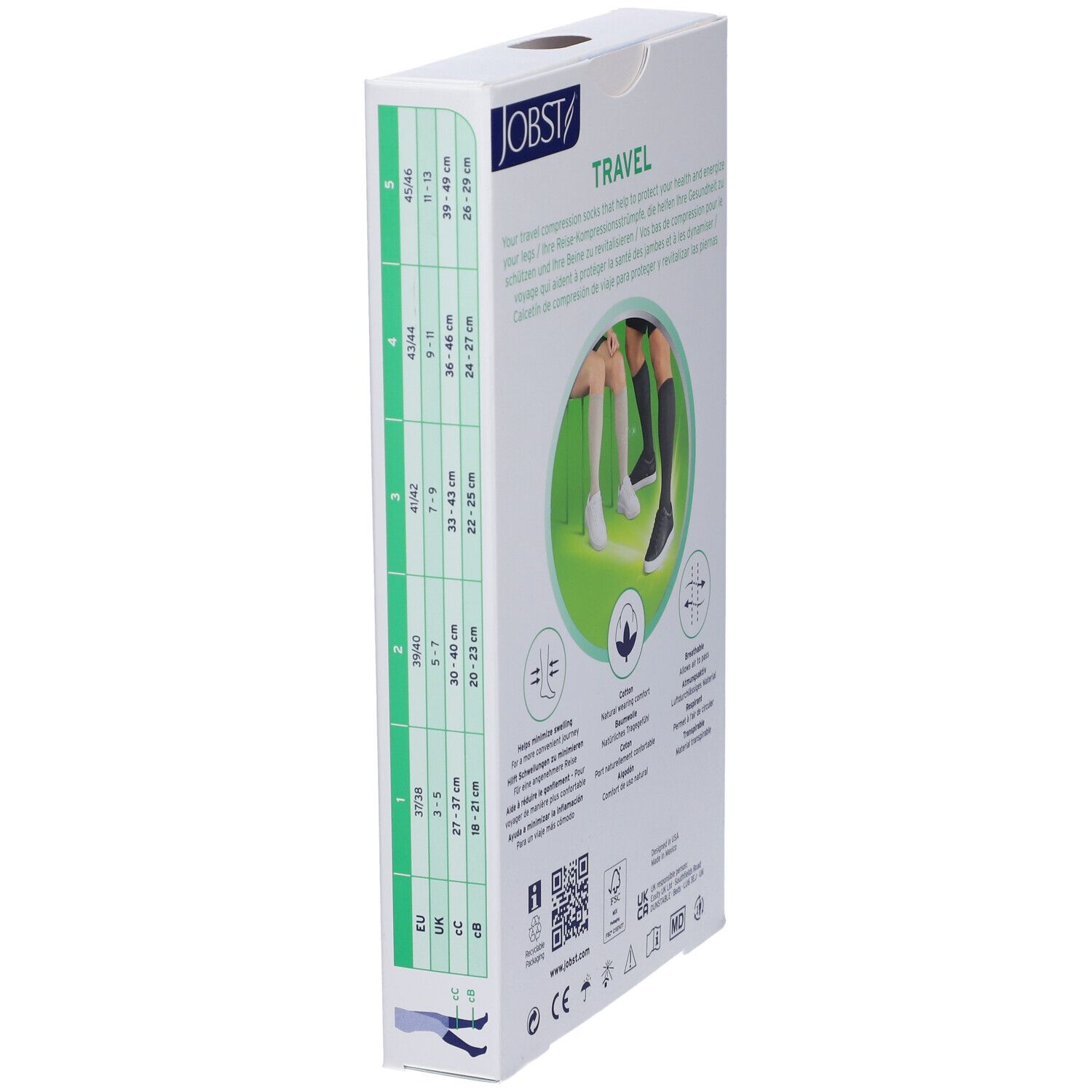 Jobst Travel Kompressionsstrümpfe, Verpackung. Aufdruck: Travel, Medical compression stockings. Abbildung: Beine mit Strümpfen.