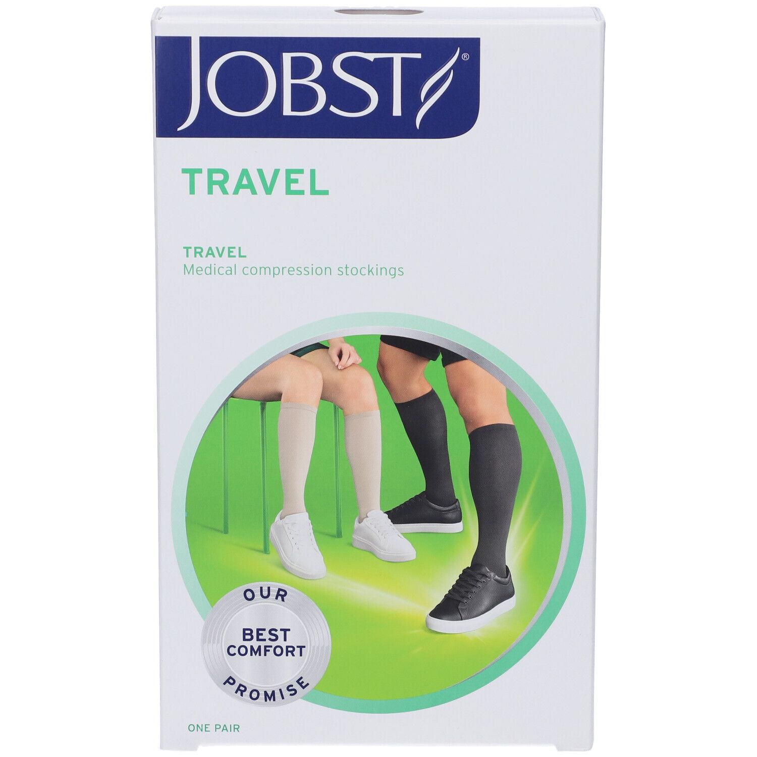 Jobst Travel Kompressionsstrümpfe, Verpackung. Aufdruck: Travel, Medical compression stockings. Abbildung: Beine mit Strümpfen.