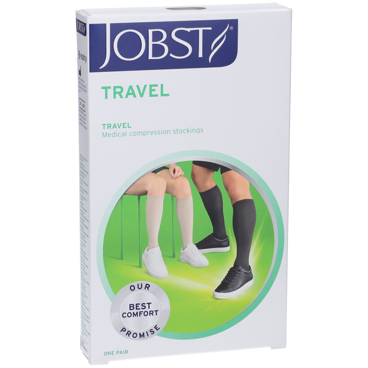 Jobst Travel Kompressionsstrümpfe, Verpackung. Aufdruck: Travel, Medical compression stockings. Abbildung: Beine mit Strümpfen.