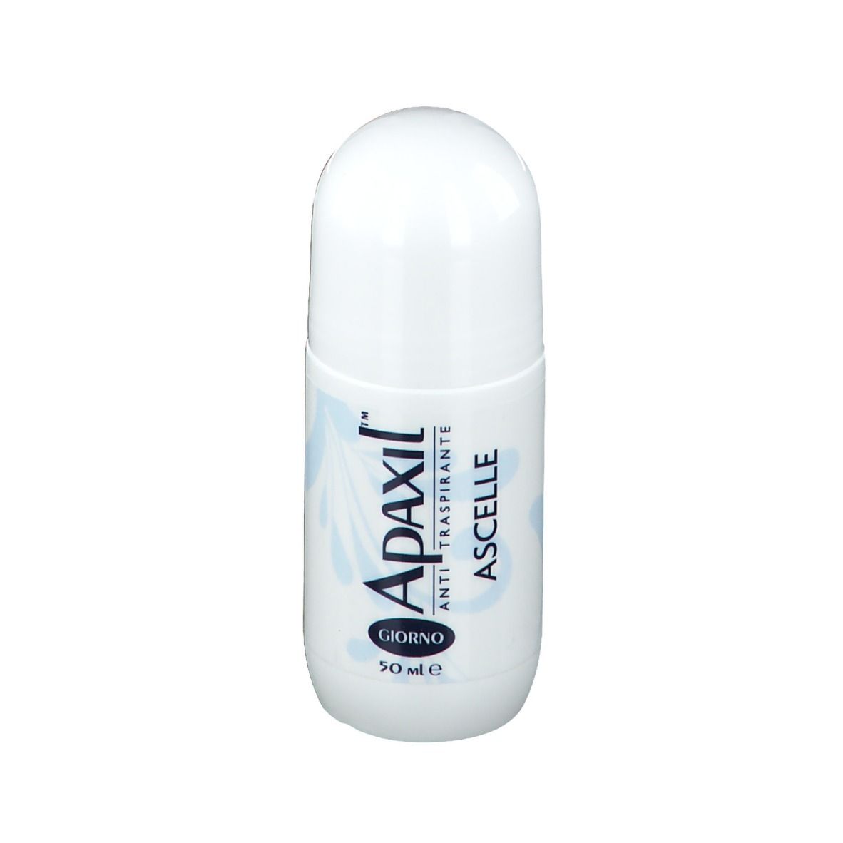 Flacone roll-on bianco con nome prodotto Apaxil, Ascelle. 50 ml.