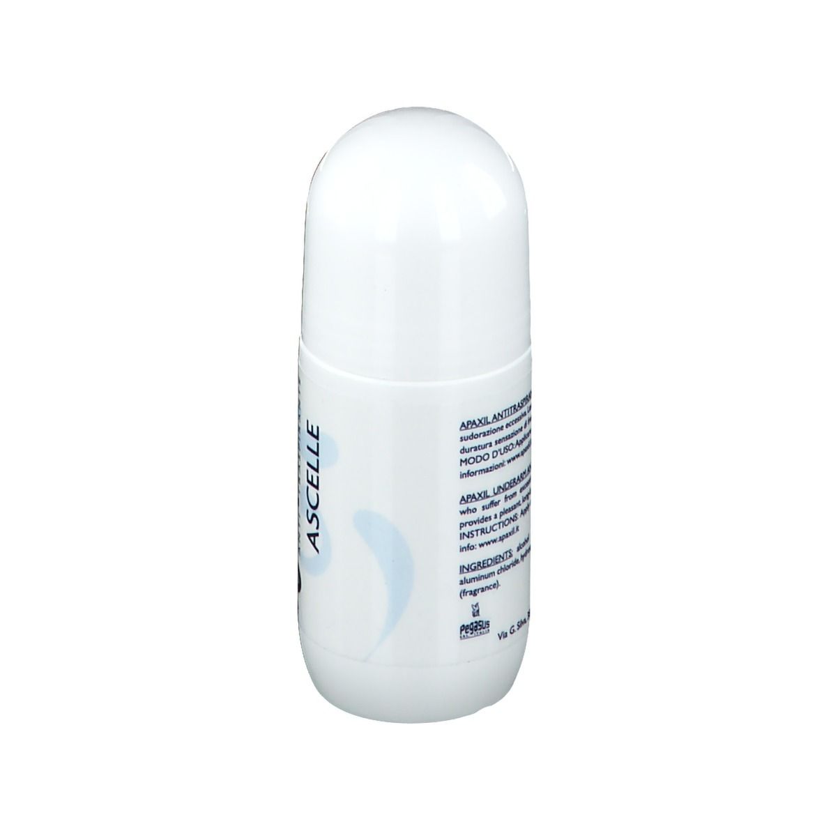 Flacone roll-on bianco con testo. Contiene informazioni sul prodotto.
