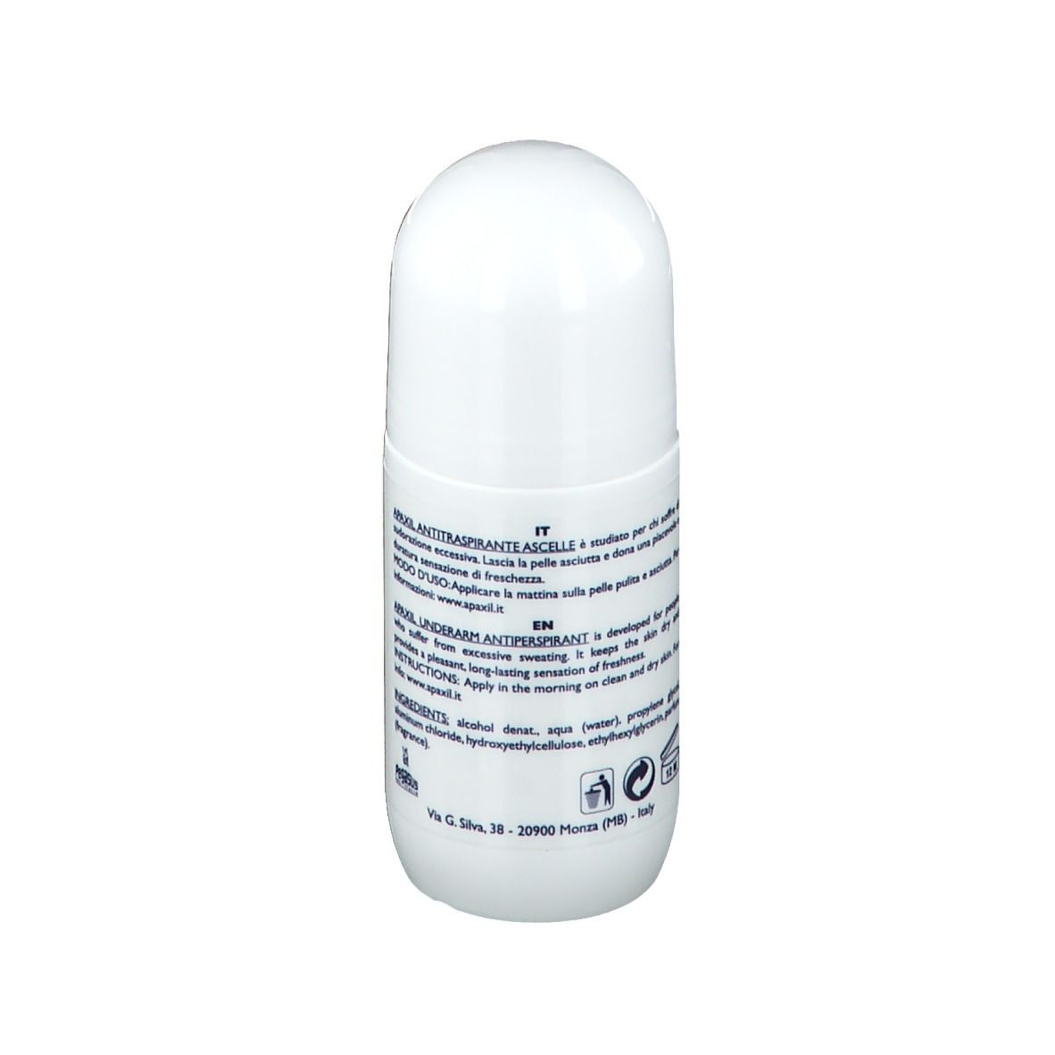 Flacone roll-on bianco con testo. Contiene informazioni sul prodotto.