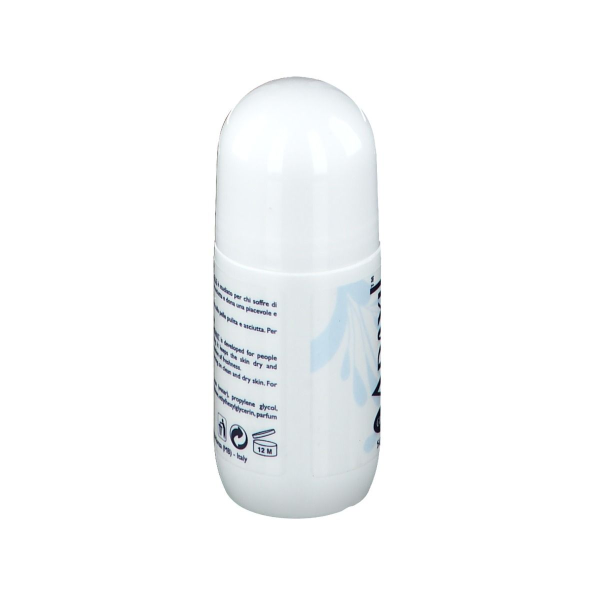 Flacone roll-on bianco con testo. Contiene informazioni sul prodotto.
