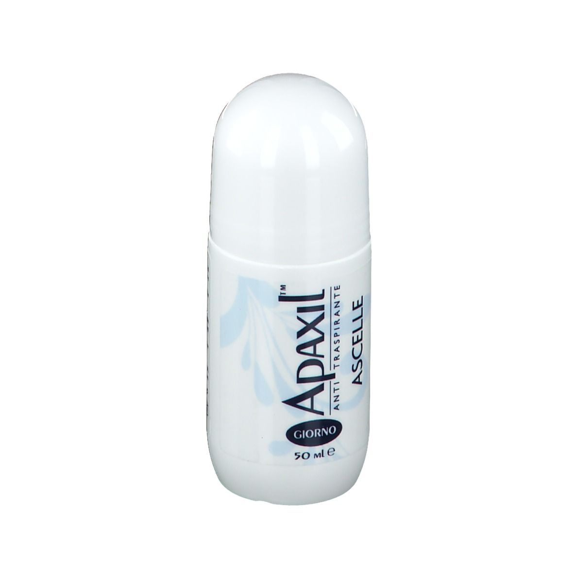 Flacone roll-on bianco con nome prodotto Apaxil, Ascelle. 50 ml.