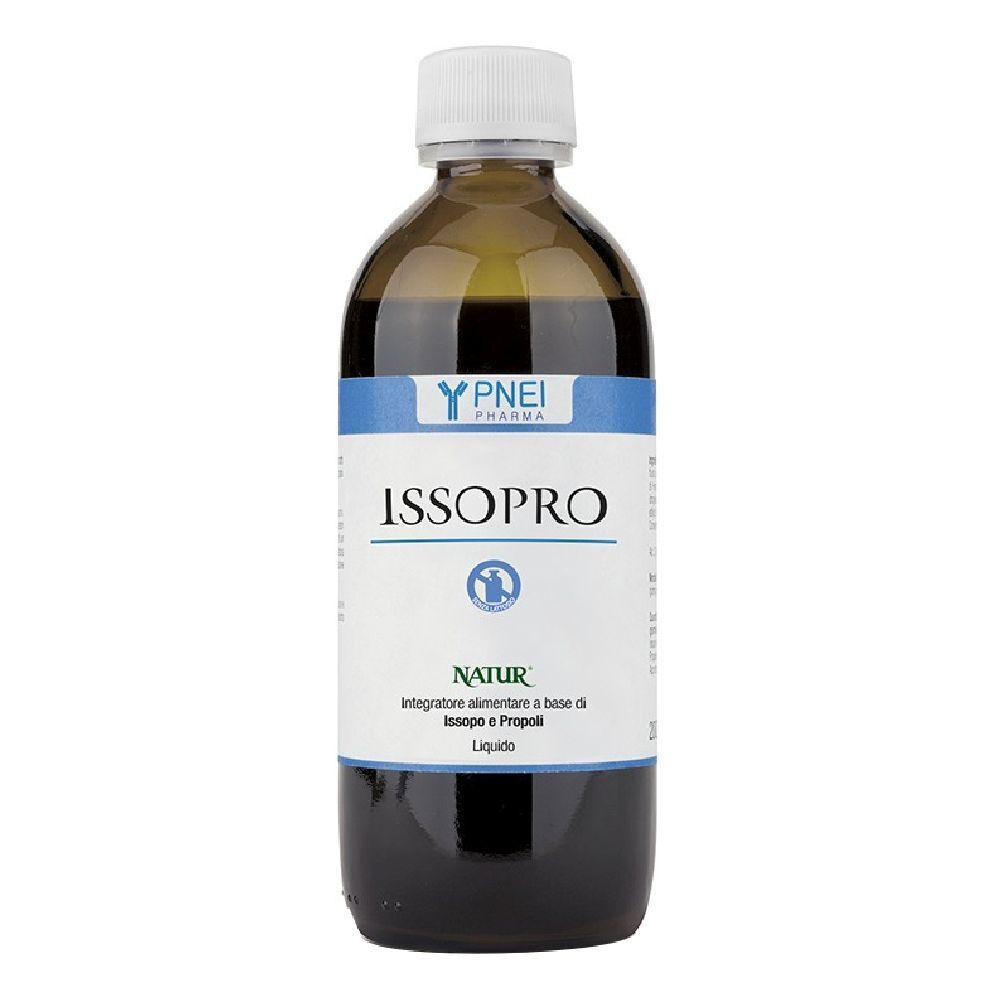 Bottiglia di vetro marrone con tappo bianco. L'etichetta riporta "Issopro" e "Natur".