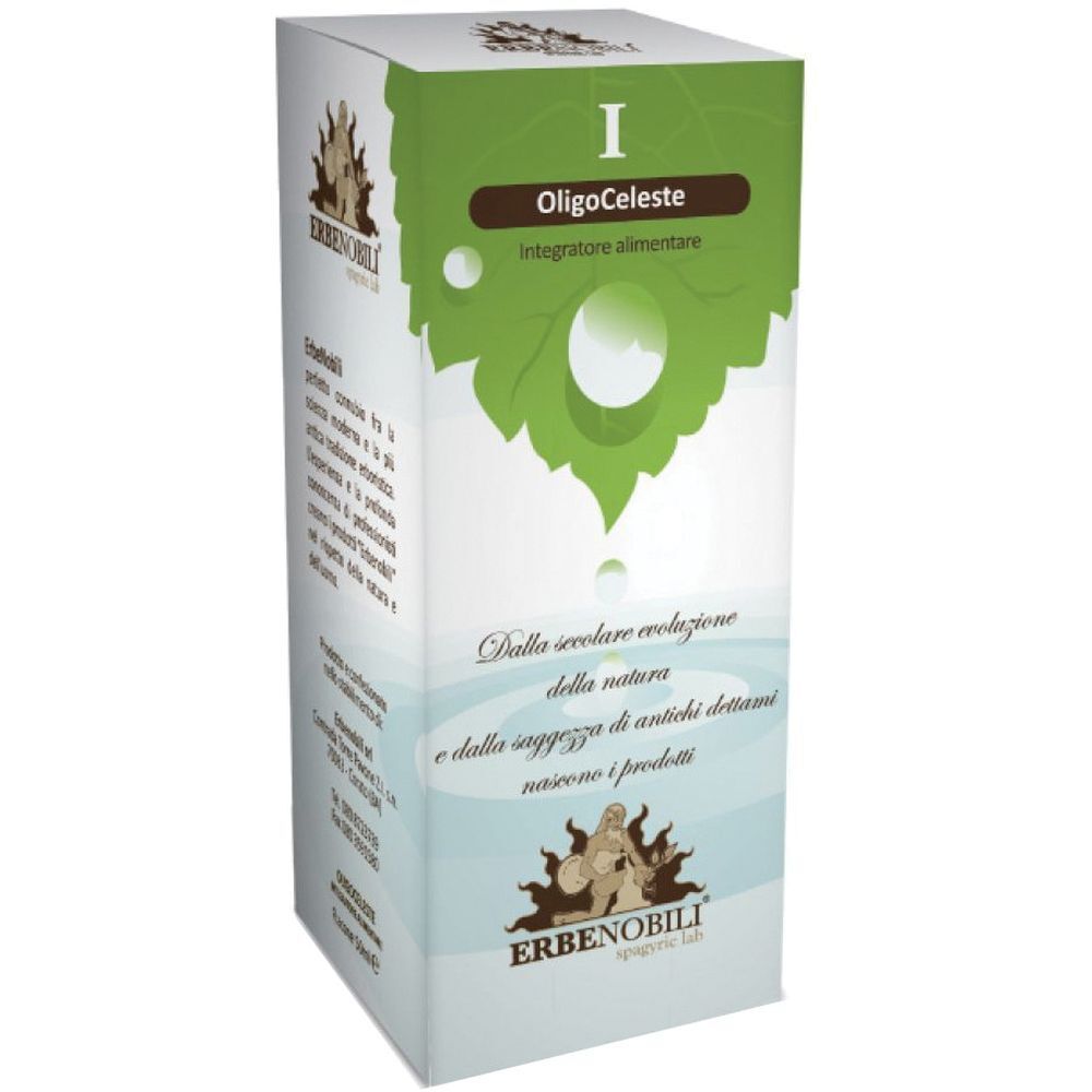 Confezione in cartone con il nome del prodotto OligoCeleste. Scritta: Integratore alimentare. Marchio: Erbenobili.