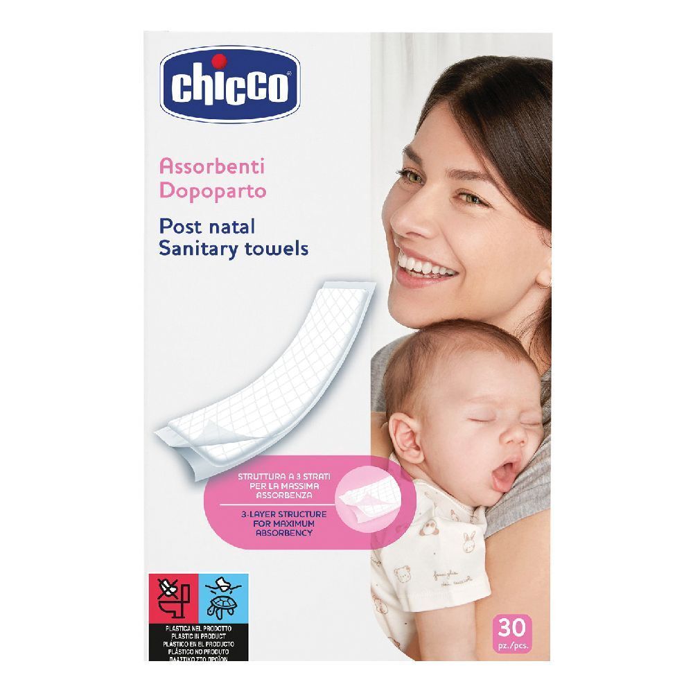 Confezione di assorbenti post-parto Chicco. Immagine di madre e bambino. 30 pezzi.