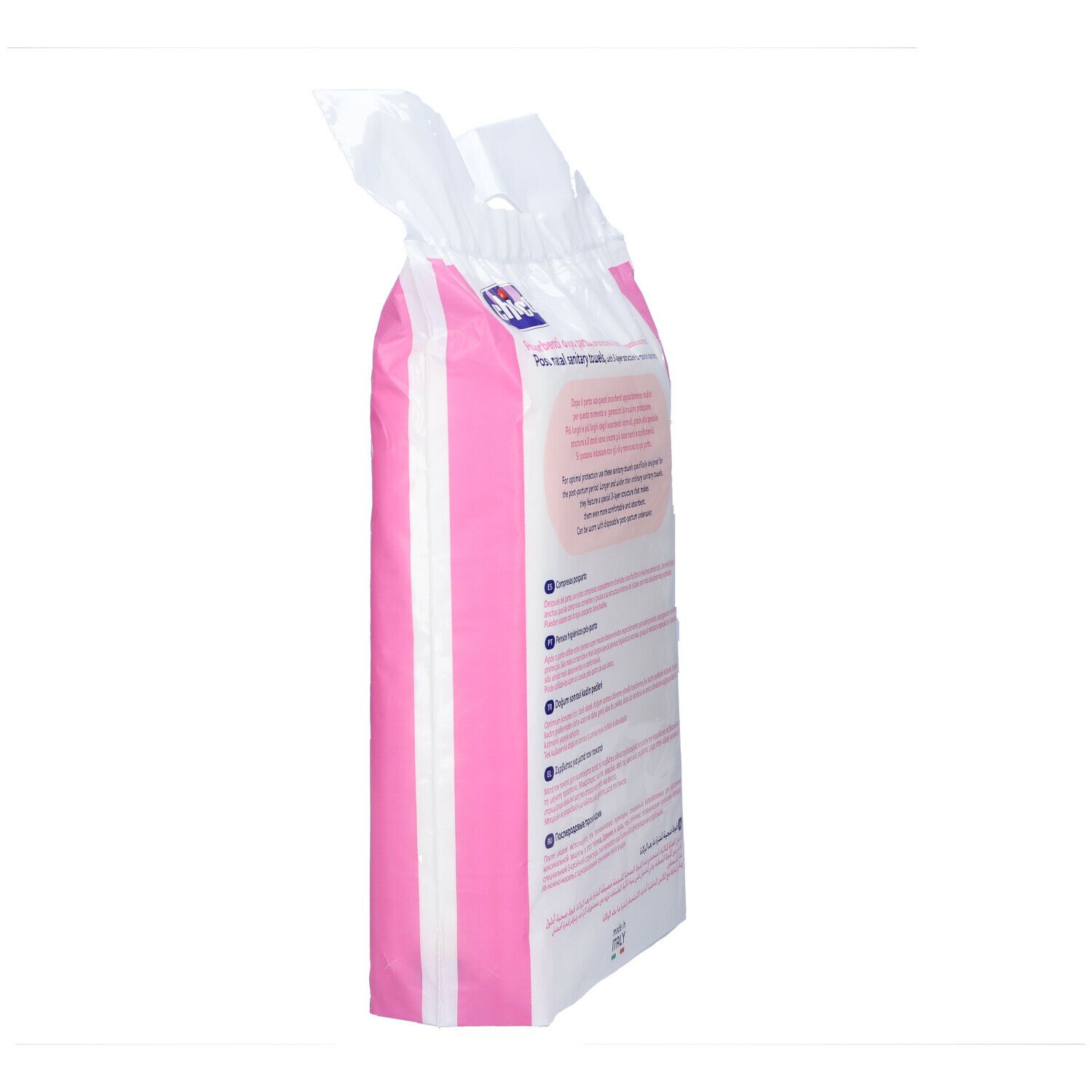 Vista laterale della confezione di assorbenti post-parto. Confezione rosa e bianca. Marchio Chicco.