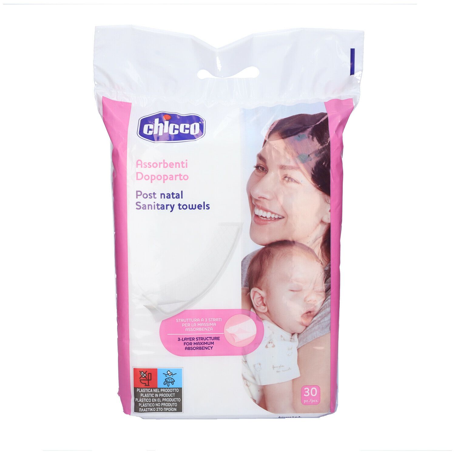 Confezione di assorbenti post-parto Chicco. Immagine di madre e bambino. 30 pezzi.