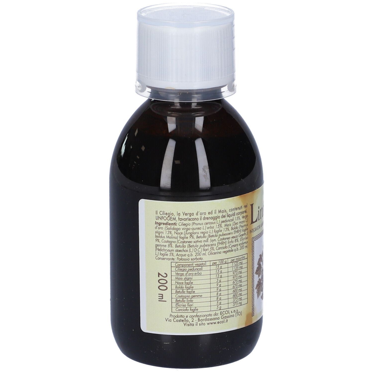 Flacone di vetro marrone con tappo bianco. Etichetta con informazioni sul prodotto e ingredienti. 200 ml.