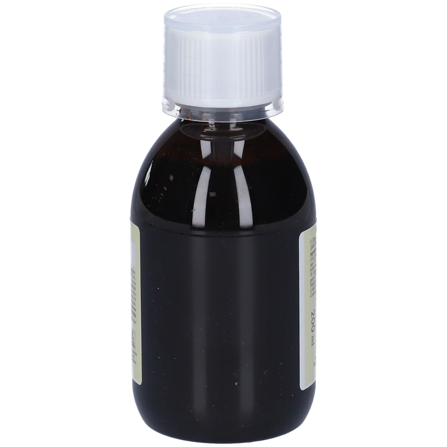 Flacone di vetro marrone con tappo bianco. Nessuna etichetta o testo visibile. Liquido visibile.