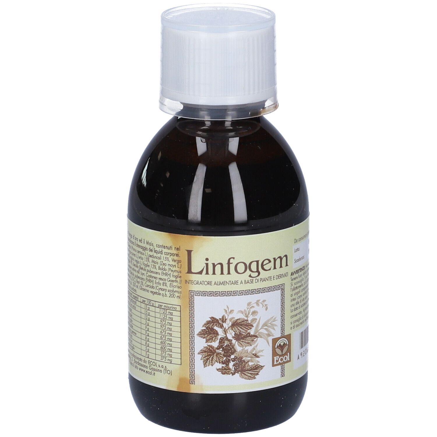 Flacone di vetro marrone con tappo bianco. Etichetta con informazioni sul prodotto e ingredienti.
