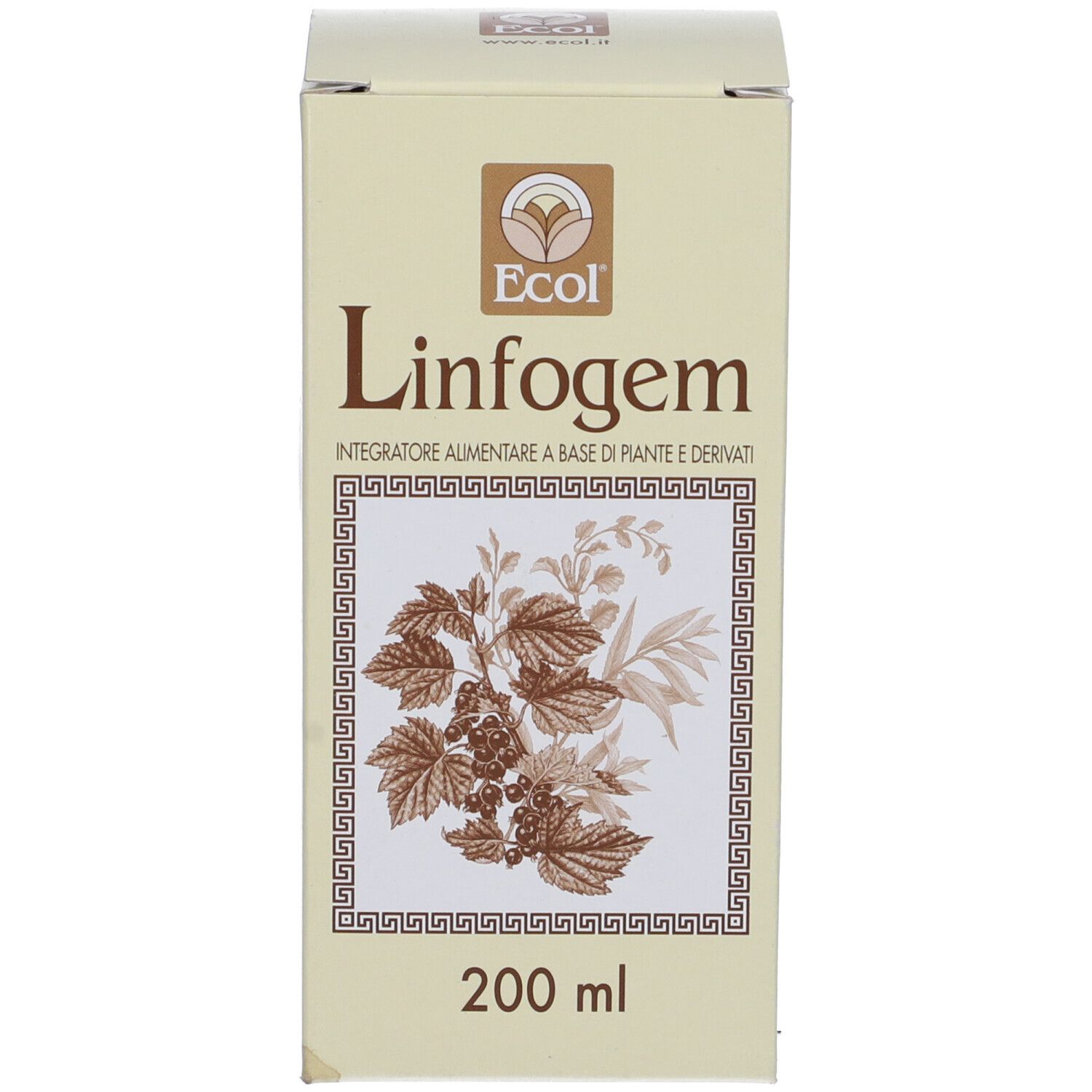 Scatola con nome del prodotto, logo e 200 ml. Certificazione Ecol. Sfondo beige.