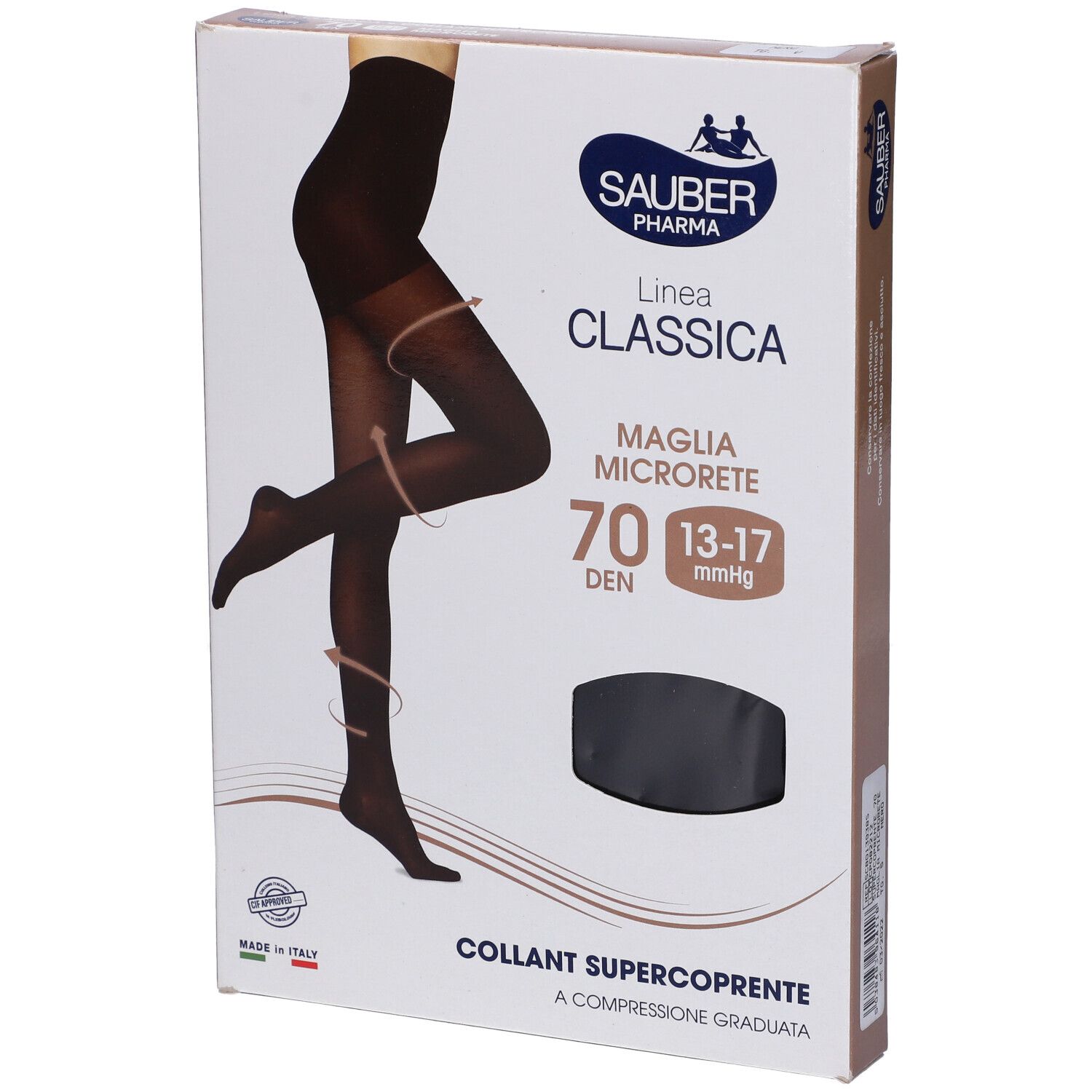 Confezione del collant nero Sauber Classica 70 Den Supercoprente. Marchio e modello ben visibili.