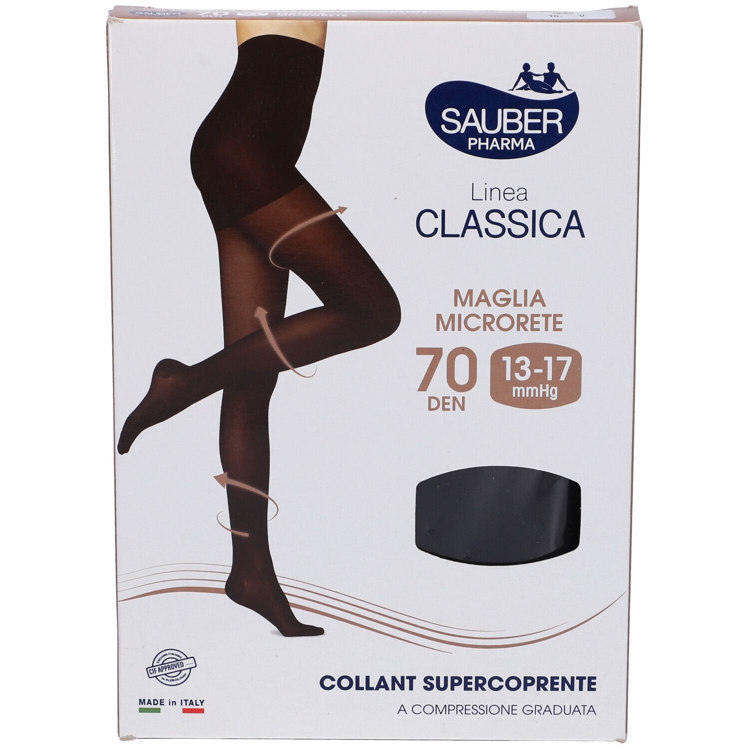 Confezione del collant nero Sauber Classica 70 Den Supercoprente. Marchio e modello ben visibili.