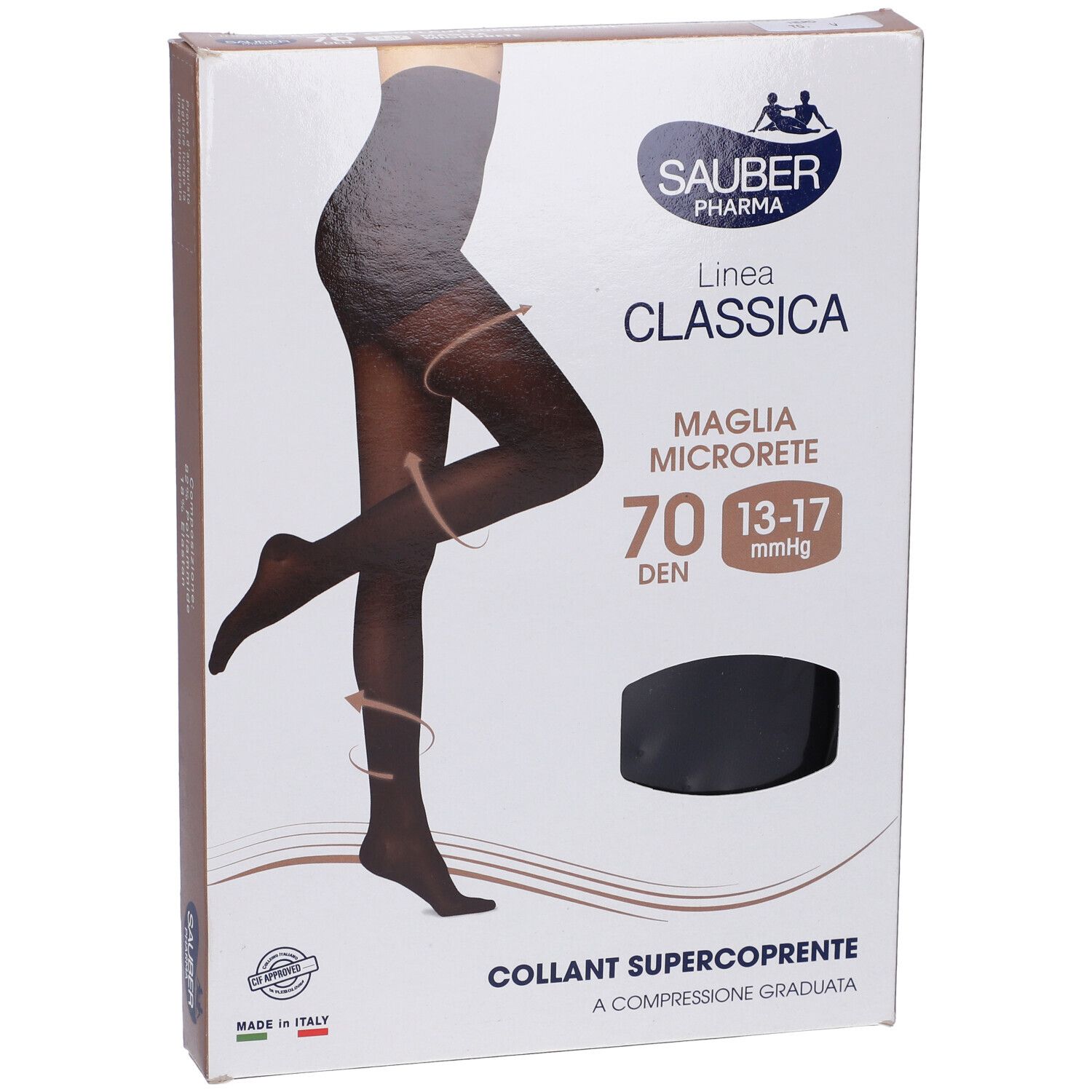 Confezione del collant nero Sauber Classica 70 Den Supercoprente. Marchio e modello ben visibili.