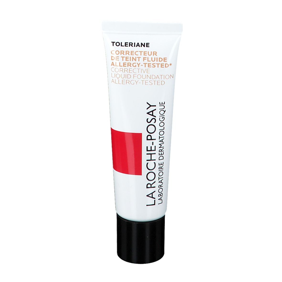 Tube blanc et rouge avec bouchon noir. Inscription: Toleriane, Correcteur de Teint Fluide, Allergy-Tested. Marque: La Roche-Posay.
