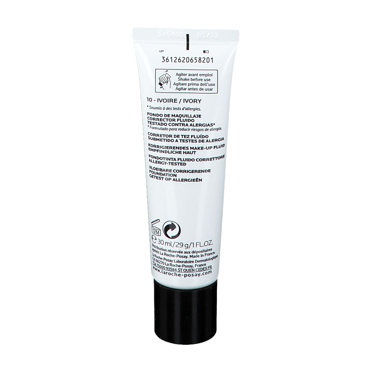 Dos du tube. Inscription: 30-Ivoire/Ivory, Fondo de Maquillaje, Correcteur, Testado contra Alergias. Marque: La Roche-Posay.