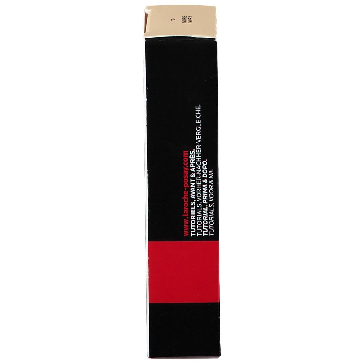 Emballage étroit du produit. Inscription: www.laroche-posay.com. Bande rouge. Textes en plusieurs langues.