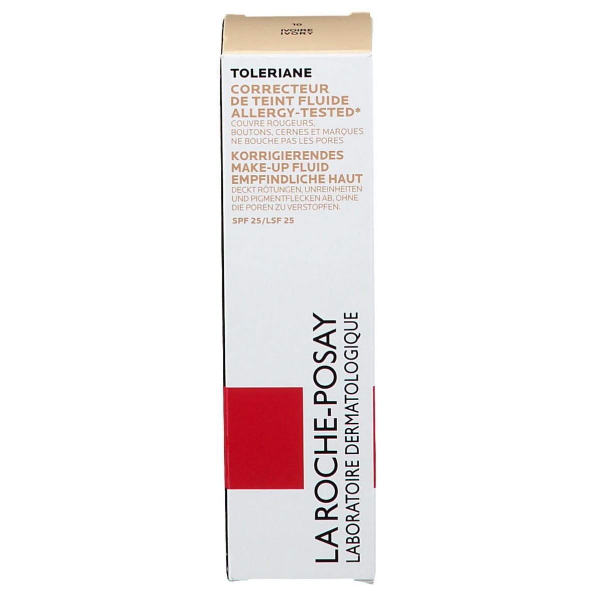 Emballage du produit. Inscription: Toleriane, Correcteur de Teint Fluide, Allergy-Tested. Marque: La Roche-Posay. Teinte: Ivory.