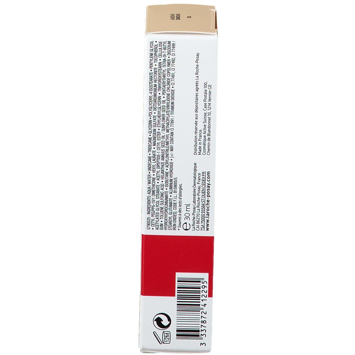 Emballage du produit. Inscription: Ingrédients, volume 30 ml. Marque: La Roche-Posay. Code-barres.
