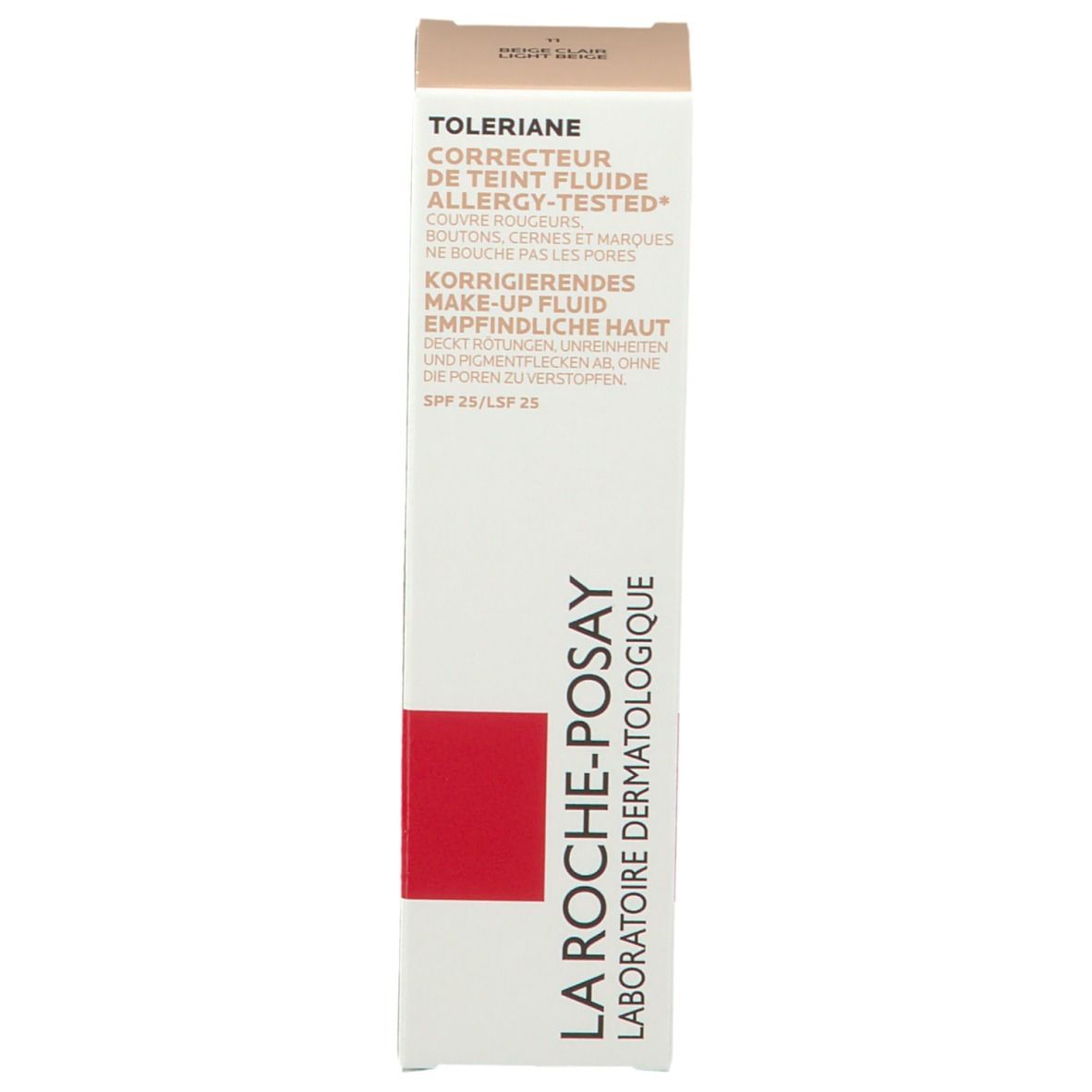 Confezione bianca con informazioni sul prodotto. Scritta: Toleriane, Correcteur de Teint Fluide, Allergy-Tested. Blocco rosso con logo La Roche-Posay.