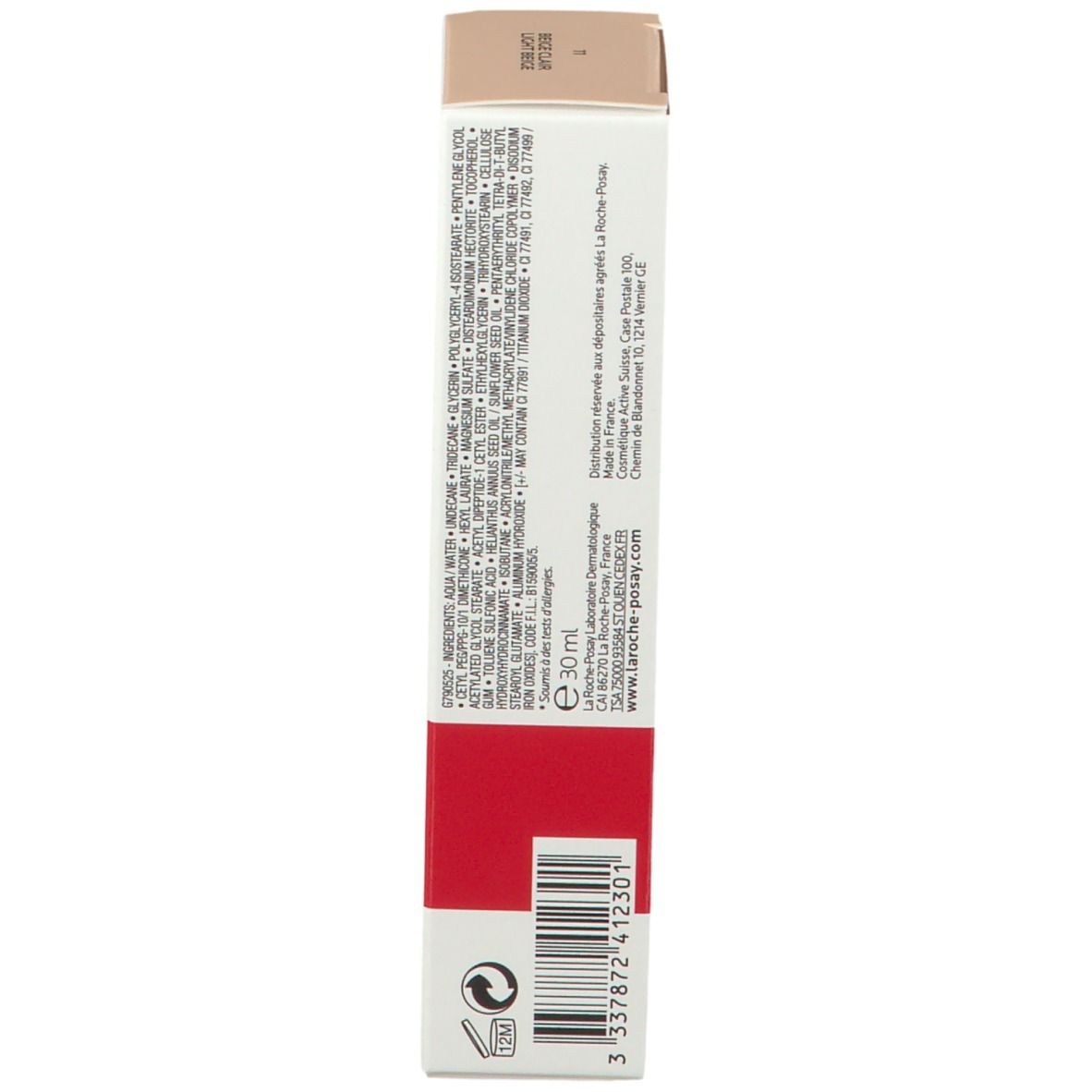 Confezione con ingredienti e informazioni. Scritta: 30 ml, La Roche-Posay. Blocco rosso con logo.