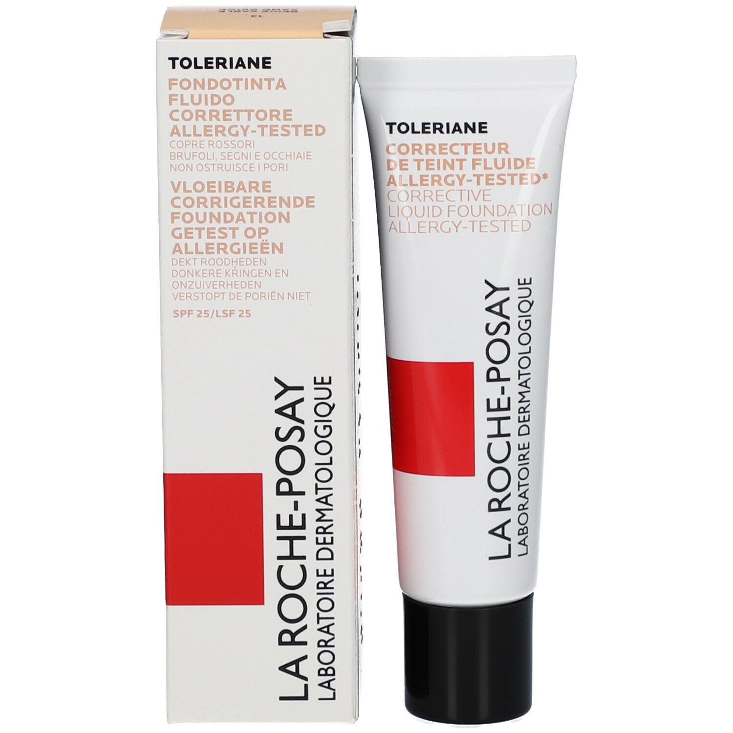 Confezione e tubo del prodotto. Scritta: Toleriane, Fondotinta Fluido, Allergy-Tested. Striscia rossa e logo La Roche-Posay. SPF 25/LSF 25.