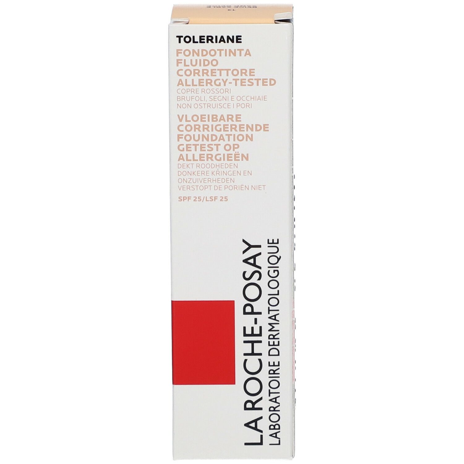 Confezione del prodotto. Scritta: Toleriane, Fondotinta Fluido, Allergy-Tested. Striscia rossa e logo La Roche-Posay. SPF 25/LSF 25.