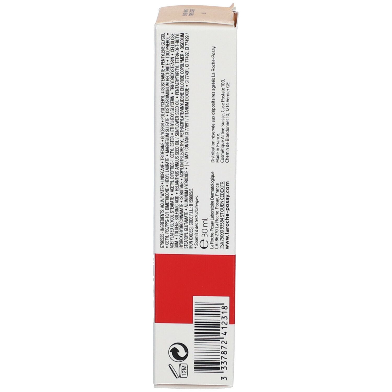 Confezione del prodotto, lato con ingredienti e informazioni del produttore. Scritta: 30 ml, La Roche-Posay.