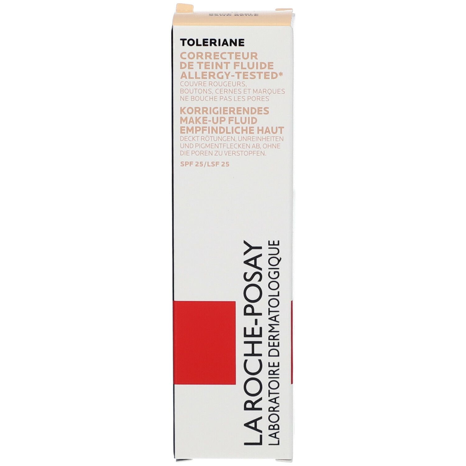 Confezione del prodotto, lato con informazioni sul prodotto. Scritta: Toleriane, Fondotinta Fluido, Allergy-Tested. SPF 25/LSF 25.