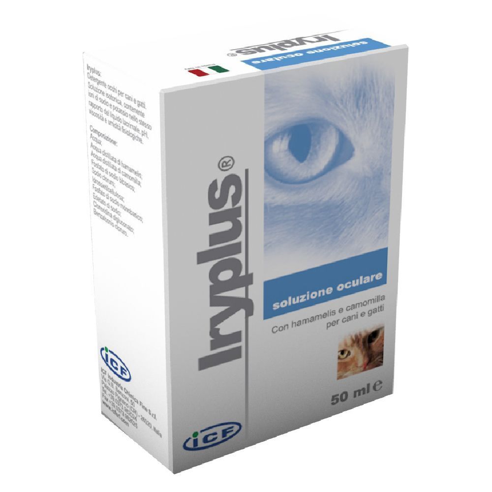 Scatola Iryplus, logo e testo. Immagine occhio e testo. 50 ml.