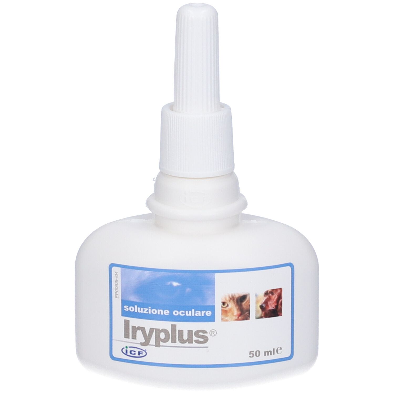 Flacone bianco con applicatore. Etichetta Iryplus, testo e immagini. 50 ml.