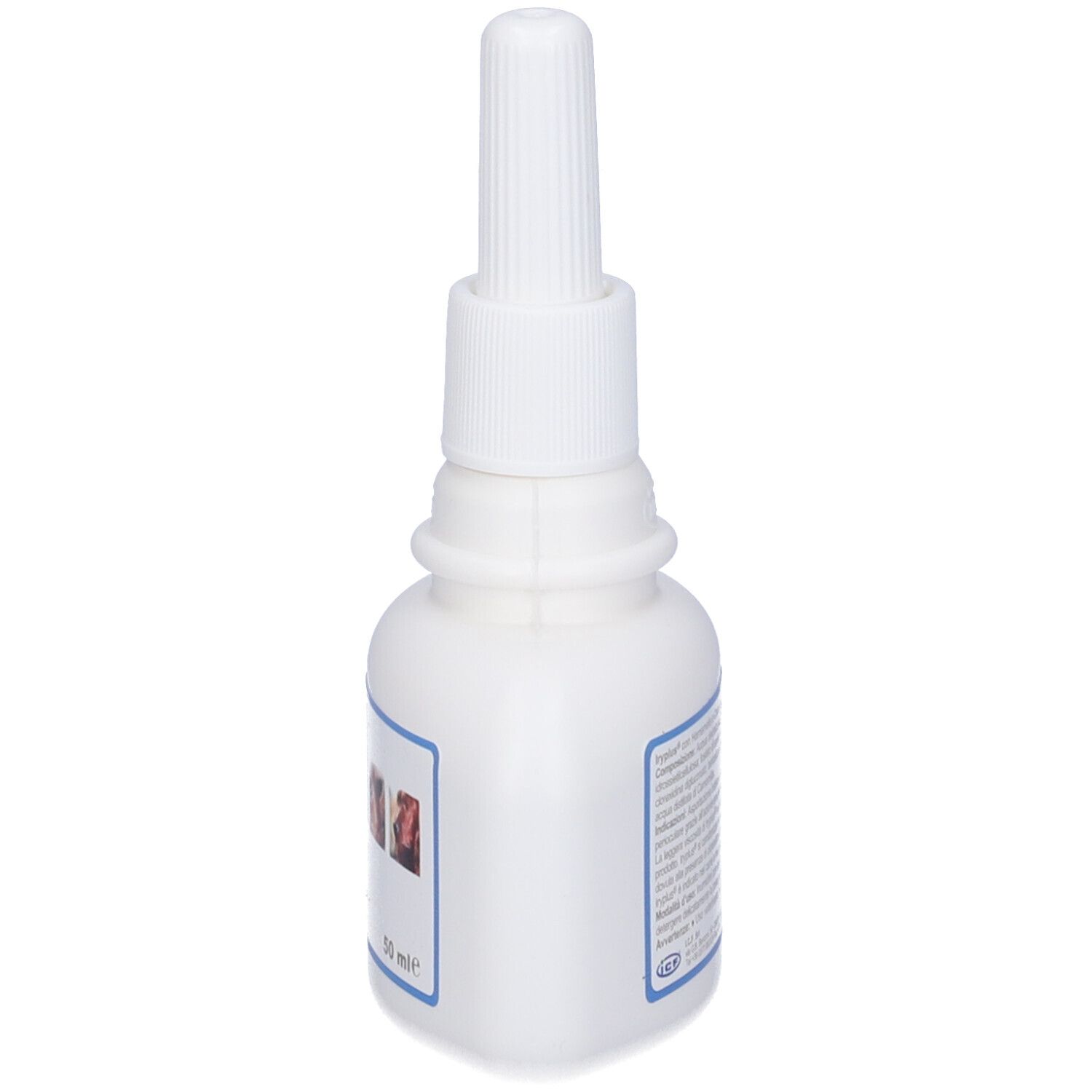 Flacone bianco con applicatore. Etichetta con testo. 50 ml.