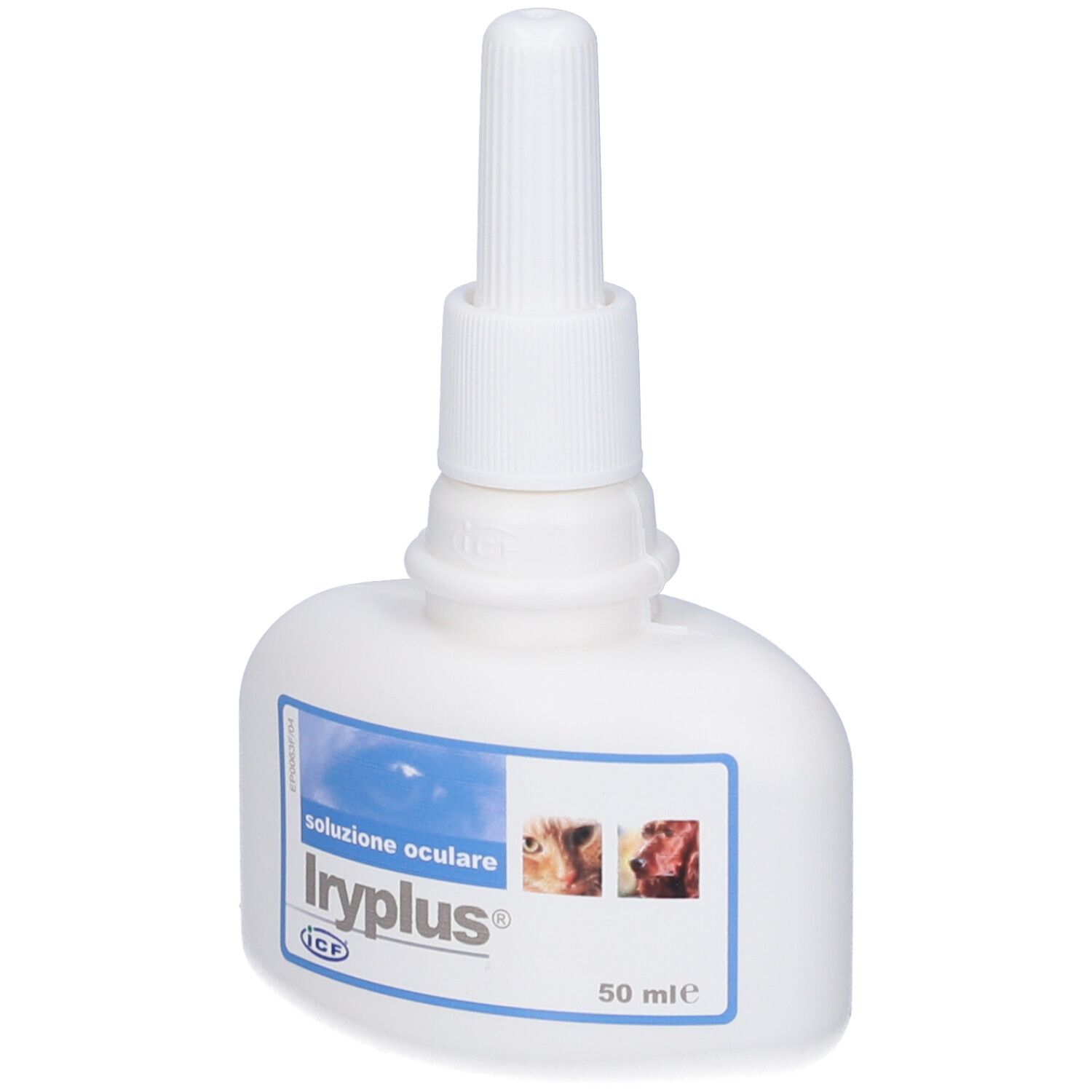 Flacone bianco con applicatore. Etichetta con testo e immagini. 50 ml.