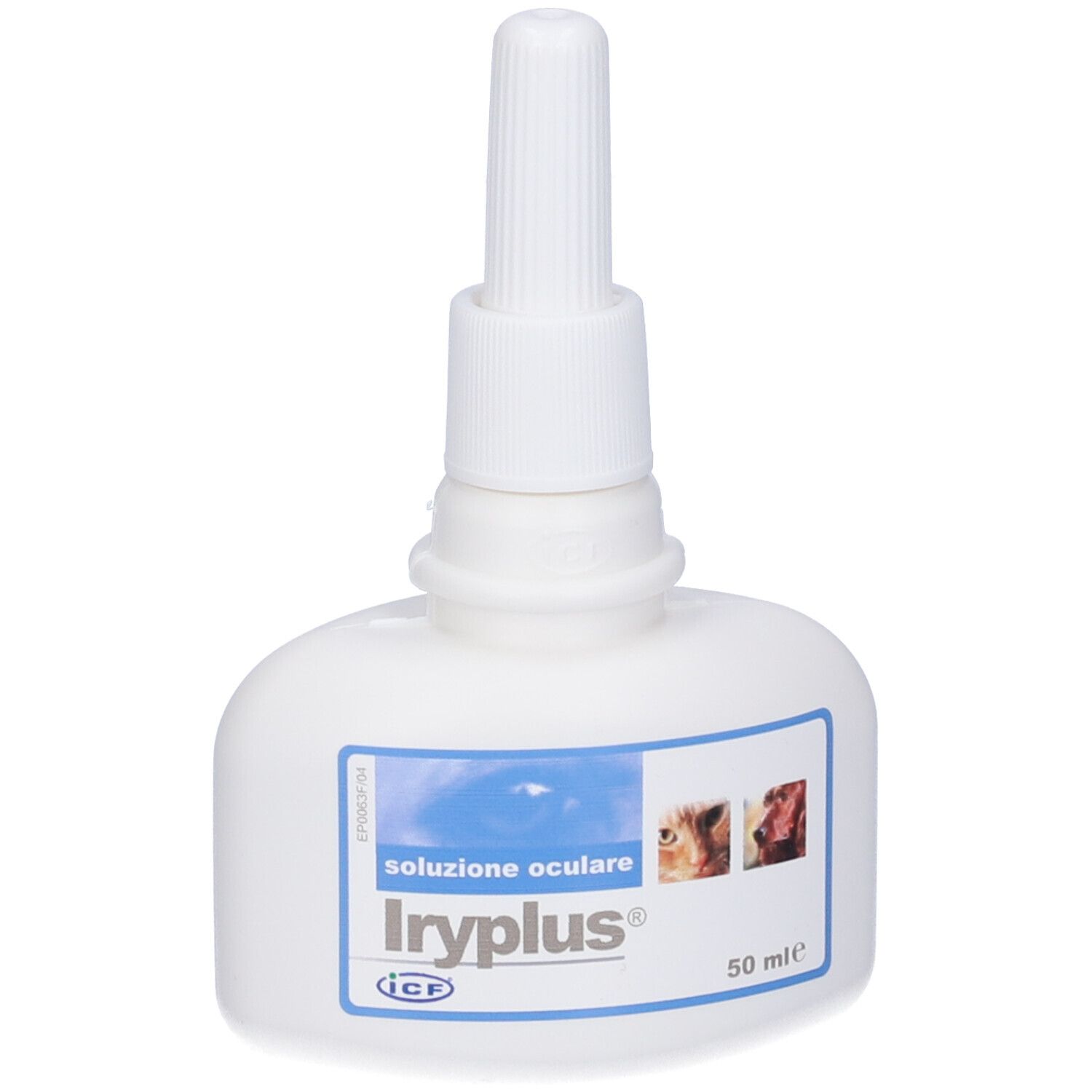 Flacone bianco con applicatore. Etichetta con testo e immagini. 50 ml.