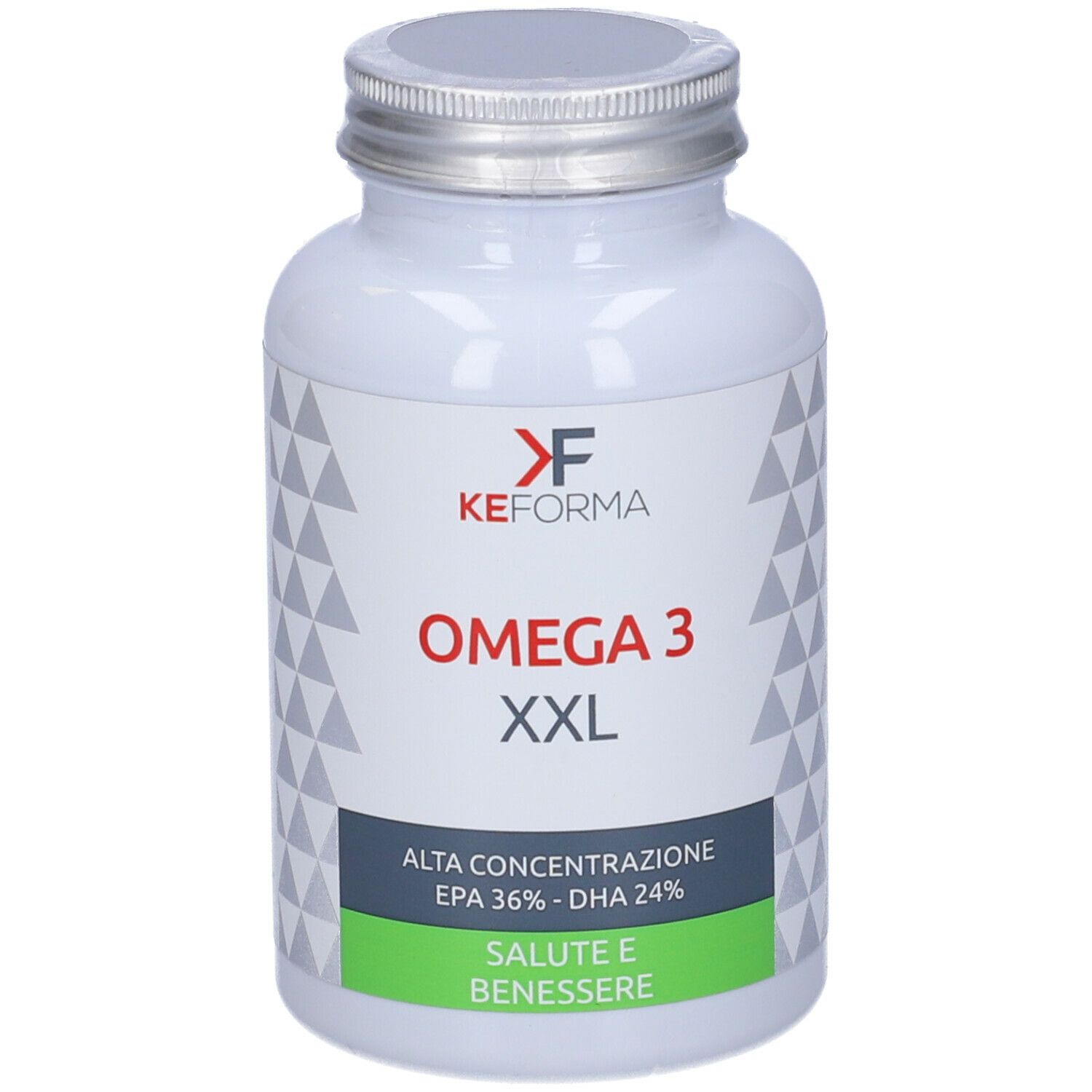 Flacone bianco con tappo argentato. Scritta: Omega 3 XXL, EPA 36% - DHA 24%. Marchio: KEFORMA.