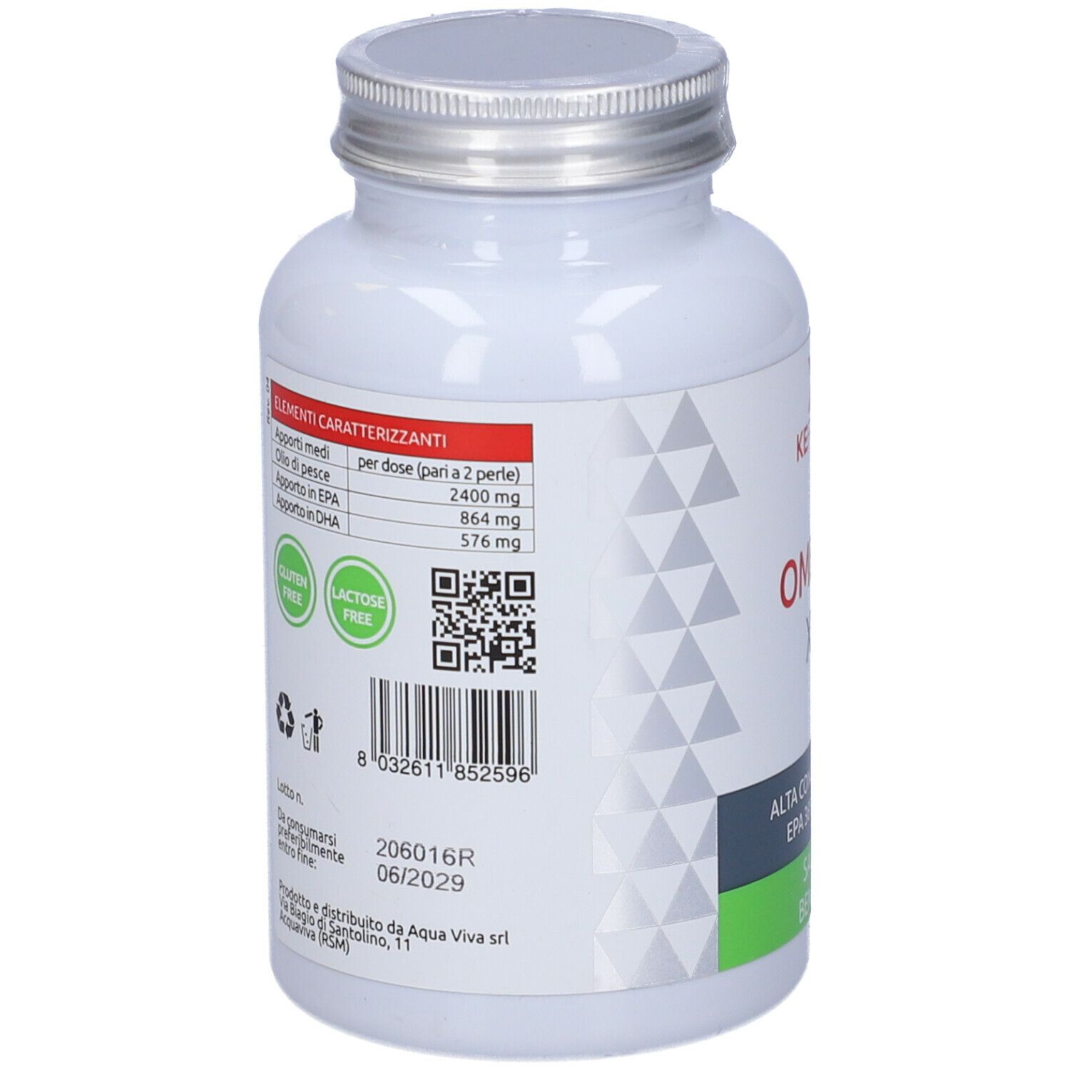 Retro di un flacone bianco. Contiene informazioni sugli ingredienti, codice QR e loghi. Senza glutine e senza lattosio.