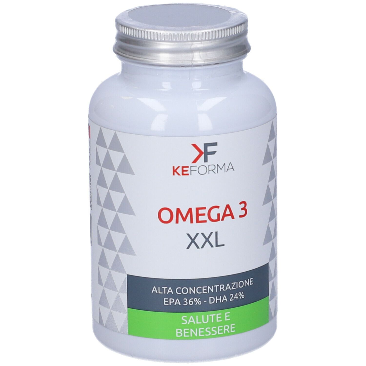 Flacone bianco con tappo argentato. Scritta: Omega 3 XXL, EPA 36% - DHA 24%. Marchio: KEFORMA.
