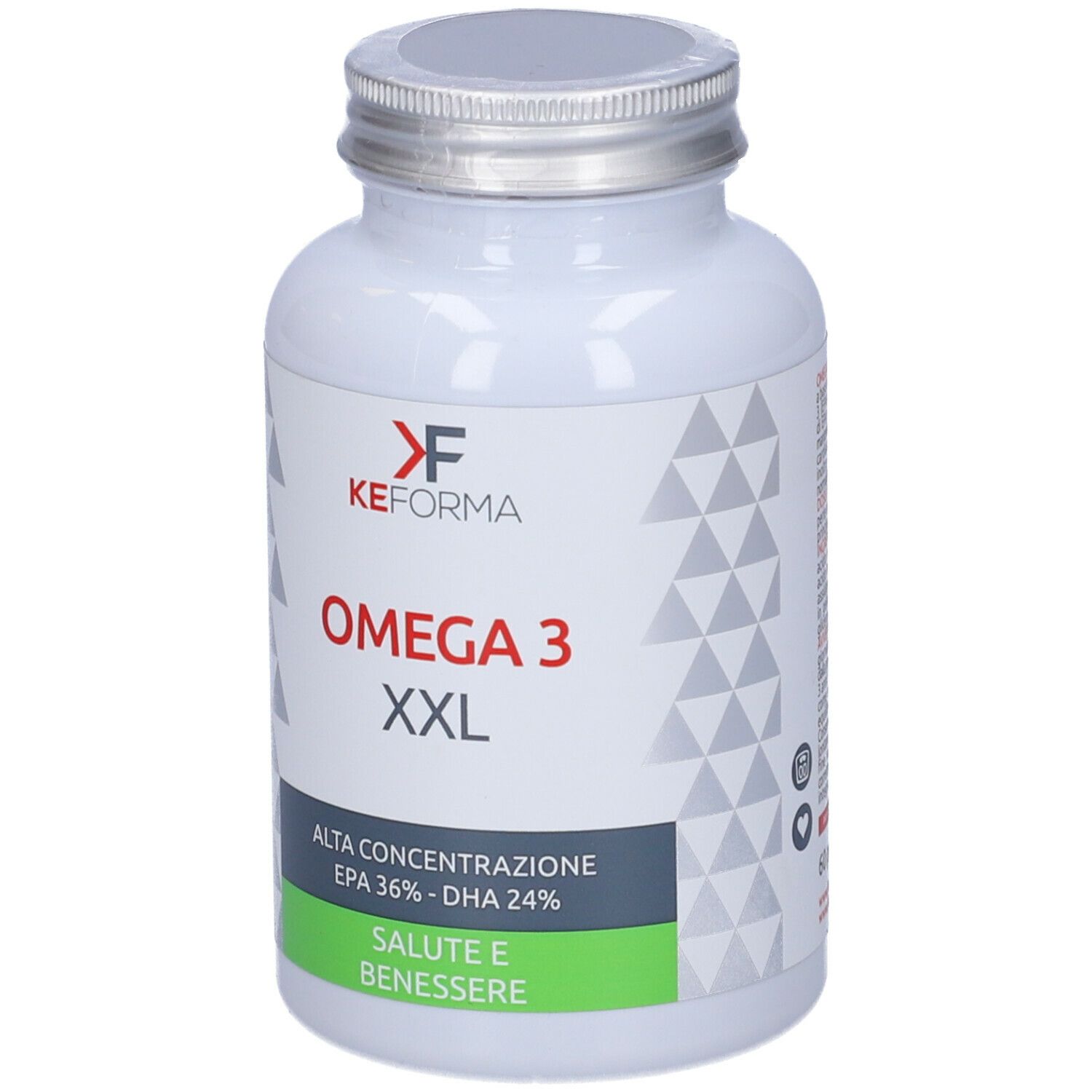Flacone bianco con tappo argentato. Scritta: Omega 3 XXL, EPA 36% - DHA 24%. Marchio: KEFORMA.