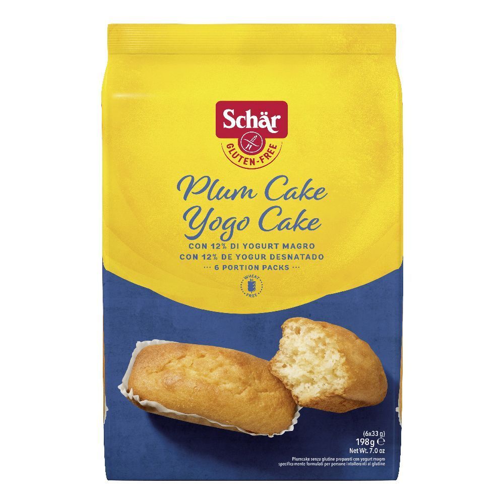 Confezione gialla e blu Schär Plum Cake Yogo Cake. Torta tagliata, senza glutine.