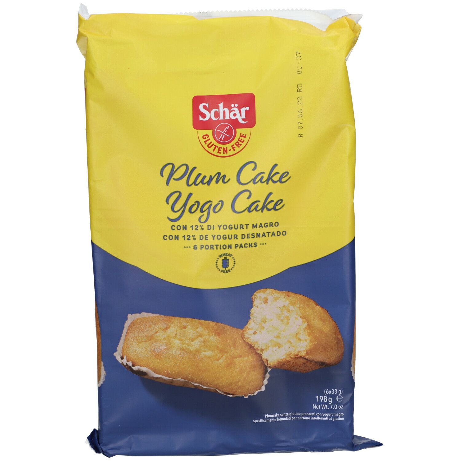 Confezione gialla e blu Schär Plum Cake Yogo Cake. Vista frontale, senza glutine.