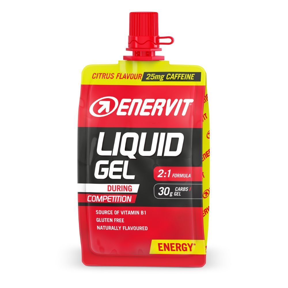 Confezione gel con tappo rosso. Scritta: ENERVIT LIQUID GEL, gusto agrumi, 25mg caffeina. Contiene 30g carboidrati.