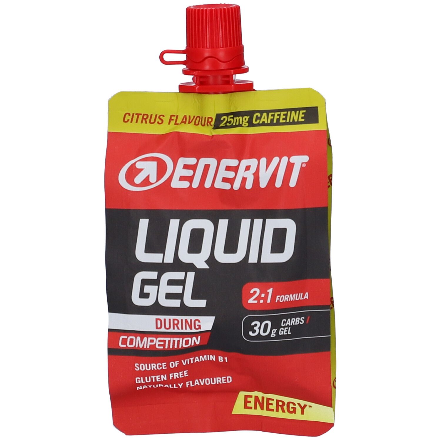 Confezione gel con tappo rosso. Scritta: ENERVIT LIQUID GEL, gusto agrumi, 25mg caffeina. Contiene 30g carboidrati.