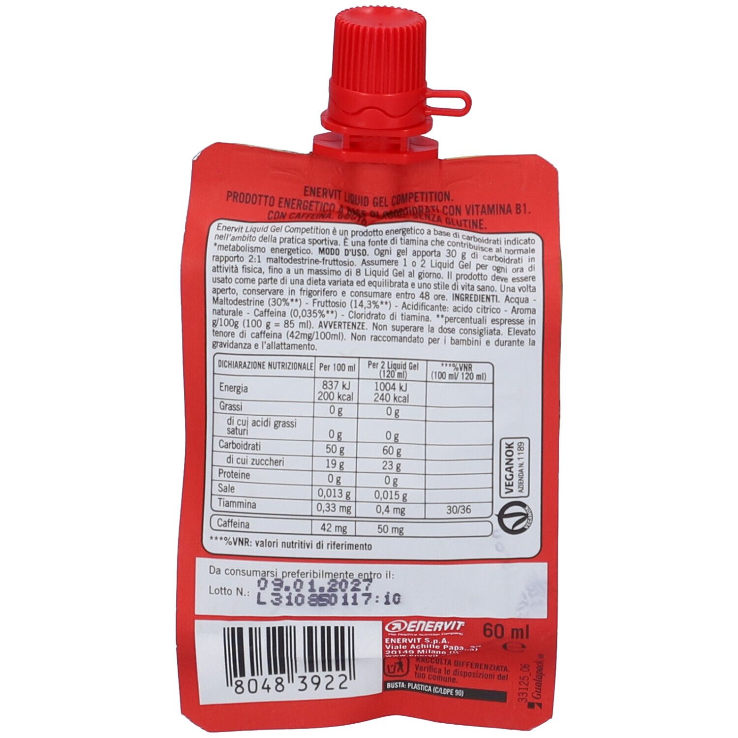 Confezione gel rossa con informazioni nutrizionali e ingredienti. Contiene 60 ml. Logo ENERVIT e data di scadenza.