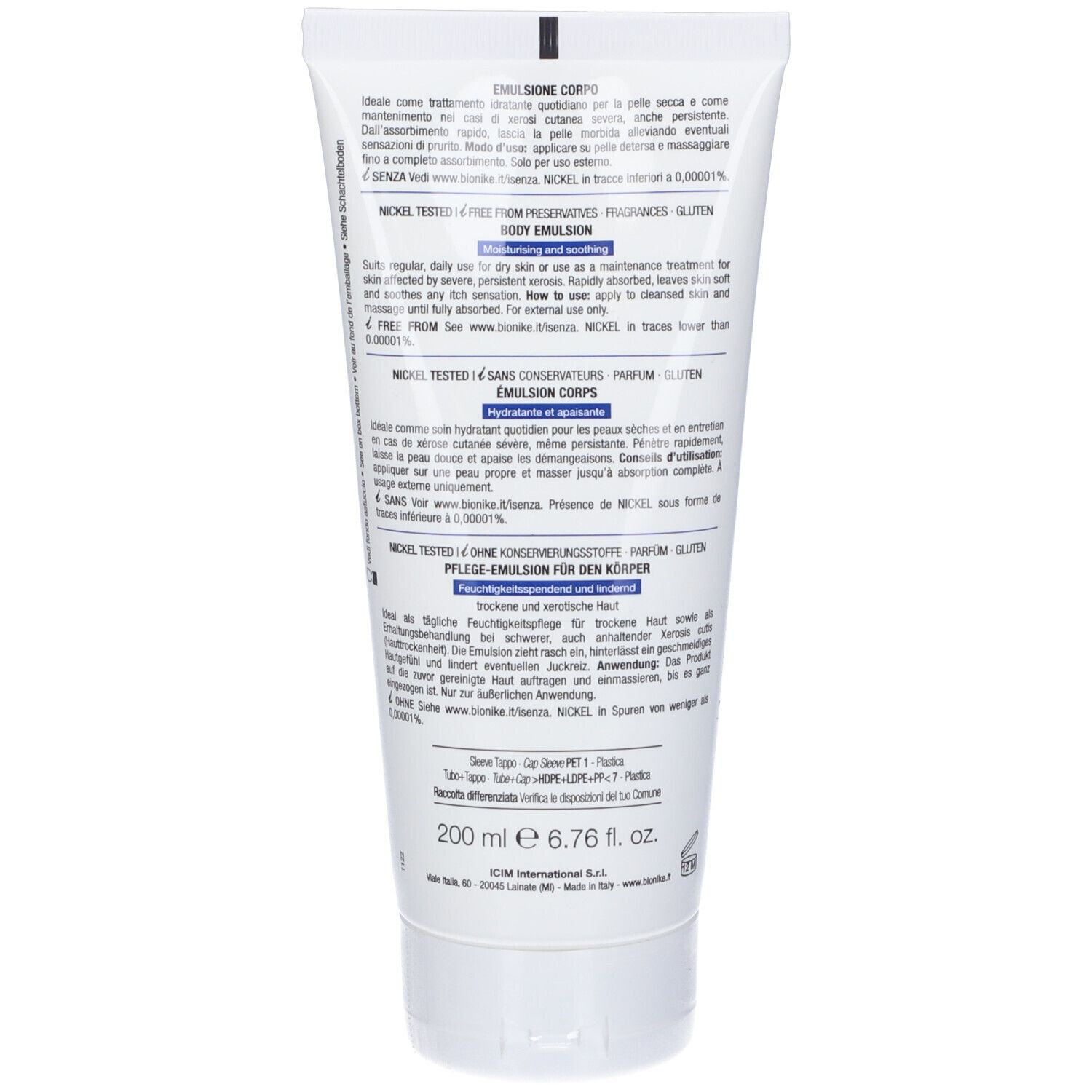 Retro del tubo. Testo multilingue. Scritta: Bionike, Proxera, Emulsione Corpo.