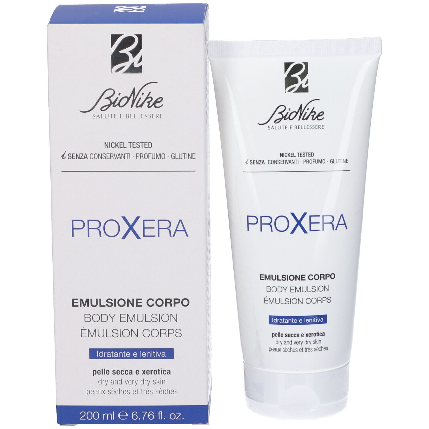 Confezione del prodotto. Tubo e scatola. Scritta: Bionike, Proxera, Emulsione Corpo, per pelli secche.
