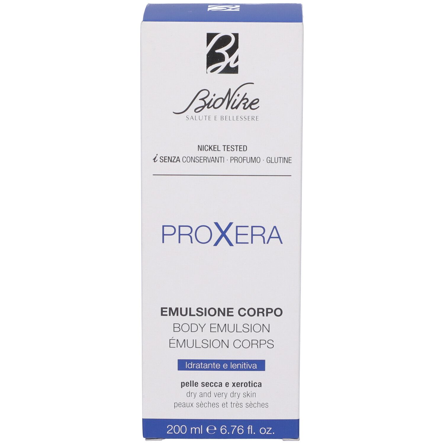 Confezione del prodotto. Scatola. Scritta: Bionike, Proxera, Emulsione Corpo, per pelli secche.