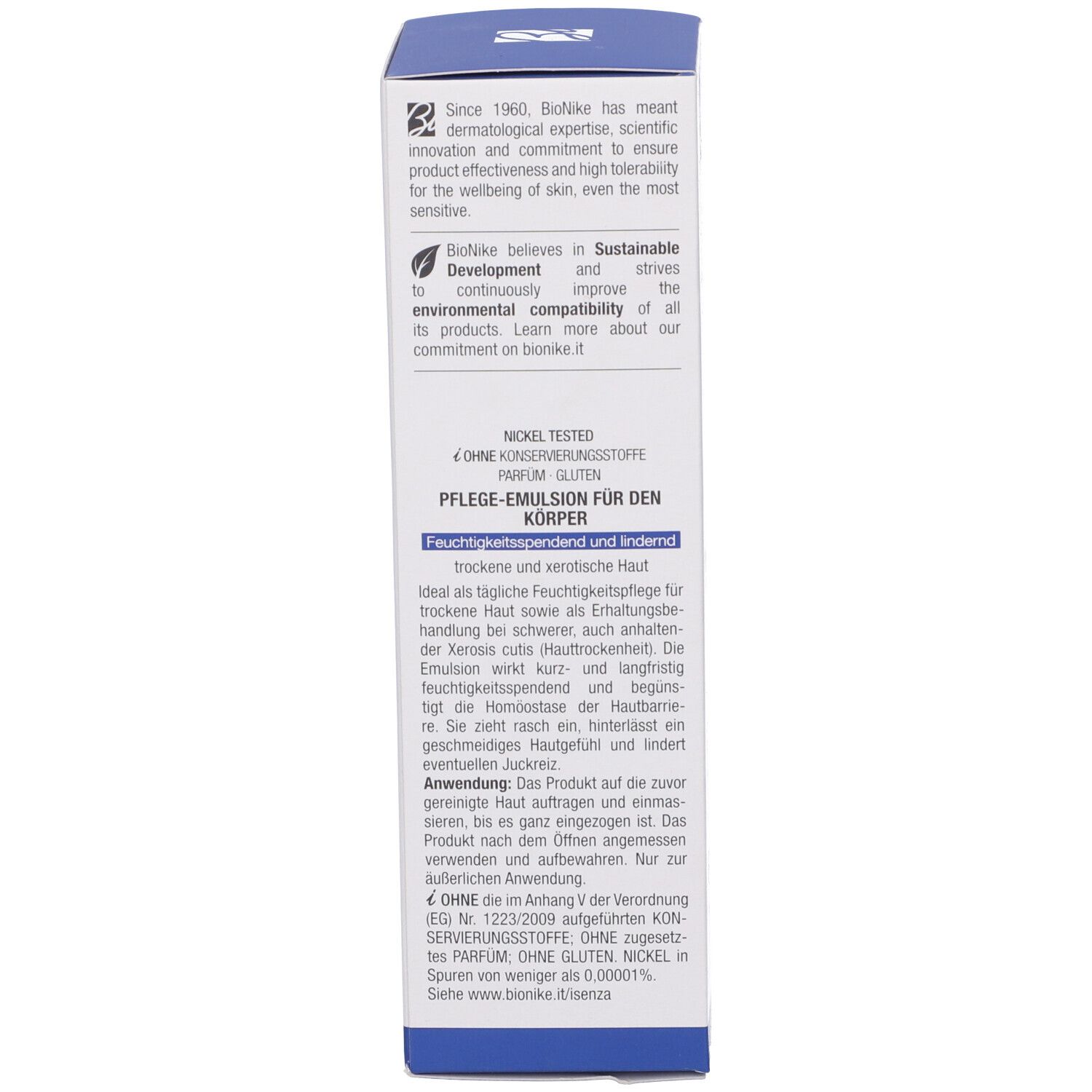 Scatola. Testo in tedesco. Scritta: Bionike, Proxera, Emulsione di cura per il corpo.